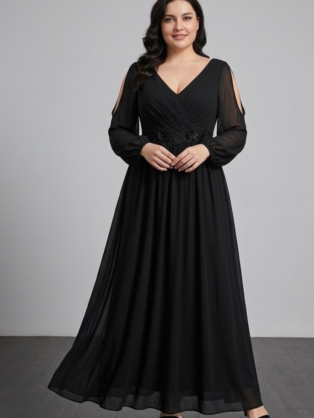 Ever Pretty Black Chiffon V-Neck Maxi Dress with Beaded Waist